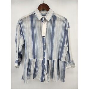 Finn & Grace Women Blue White Striped‎ Cotton Peplum Button Down Shirt NEW